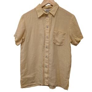 Vintage Carlie's Court Button Front Collared Top Shirt 100% Linen Yellow Natural